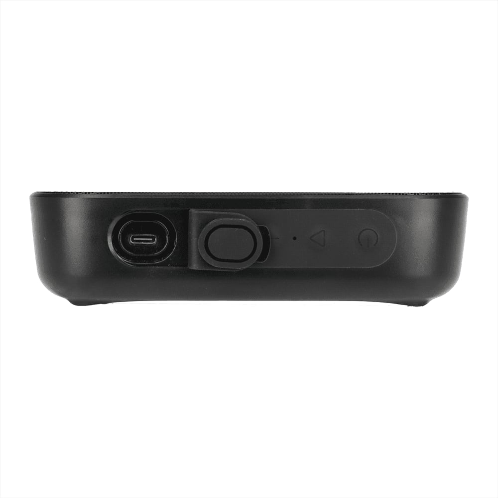 A black Bluetooth speaker with a USB-C port and buttons for power and volume control.