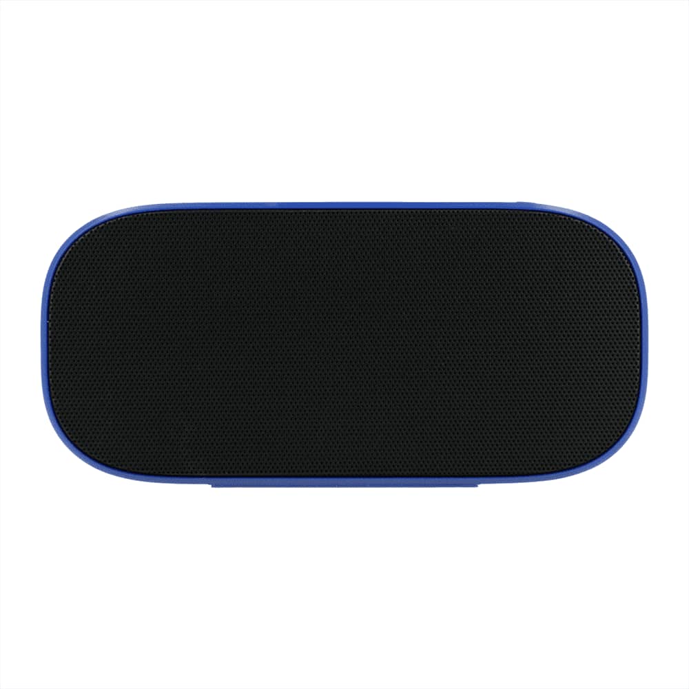 A Bluetooth speaker in blue with a black mesh grille and a sleek, compact design. It features a logo.
