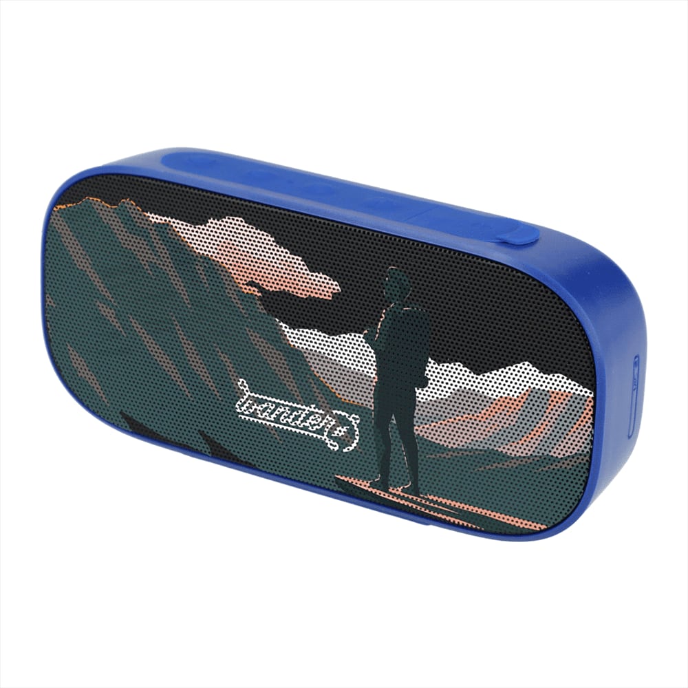 A blue Bluetooth speaker featuring a mountain landscape design and a silhouette of a person. It has a branding logo.