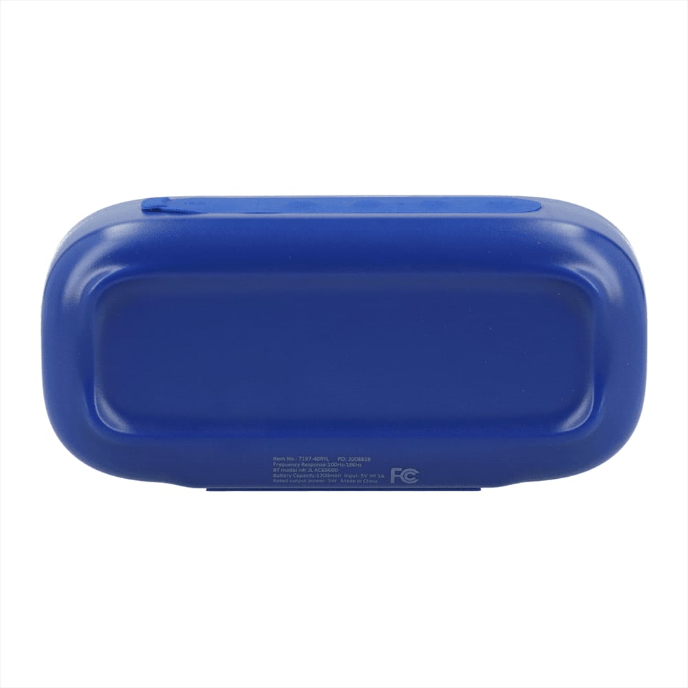 A blue Bluetooth speaker with a smooth, rectangular design. The product features a logo on its surface.