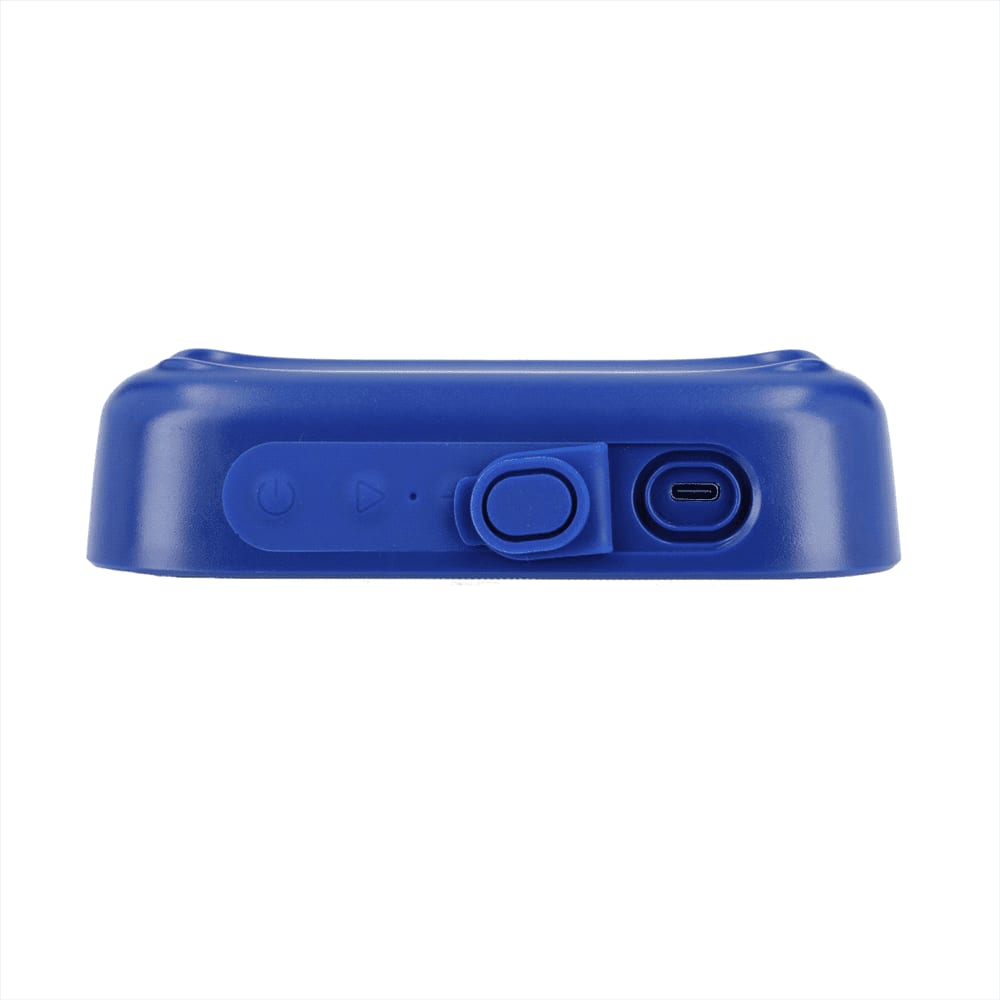 A blue Bluetooth speaker featuring playback and charging ports, with a logo on the side.