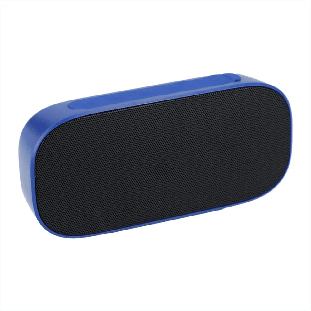 A blue Bluetooth speaker with a textured black front and a sleek, rounded design. It features a logo.