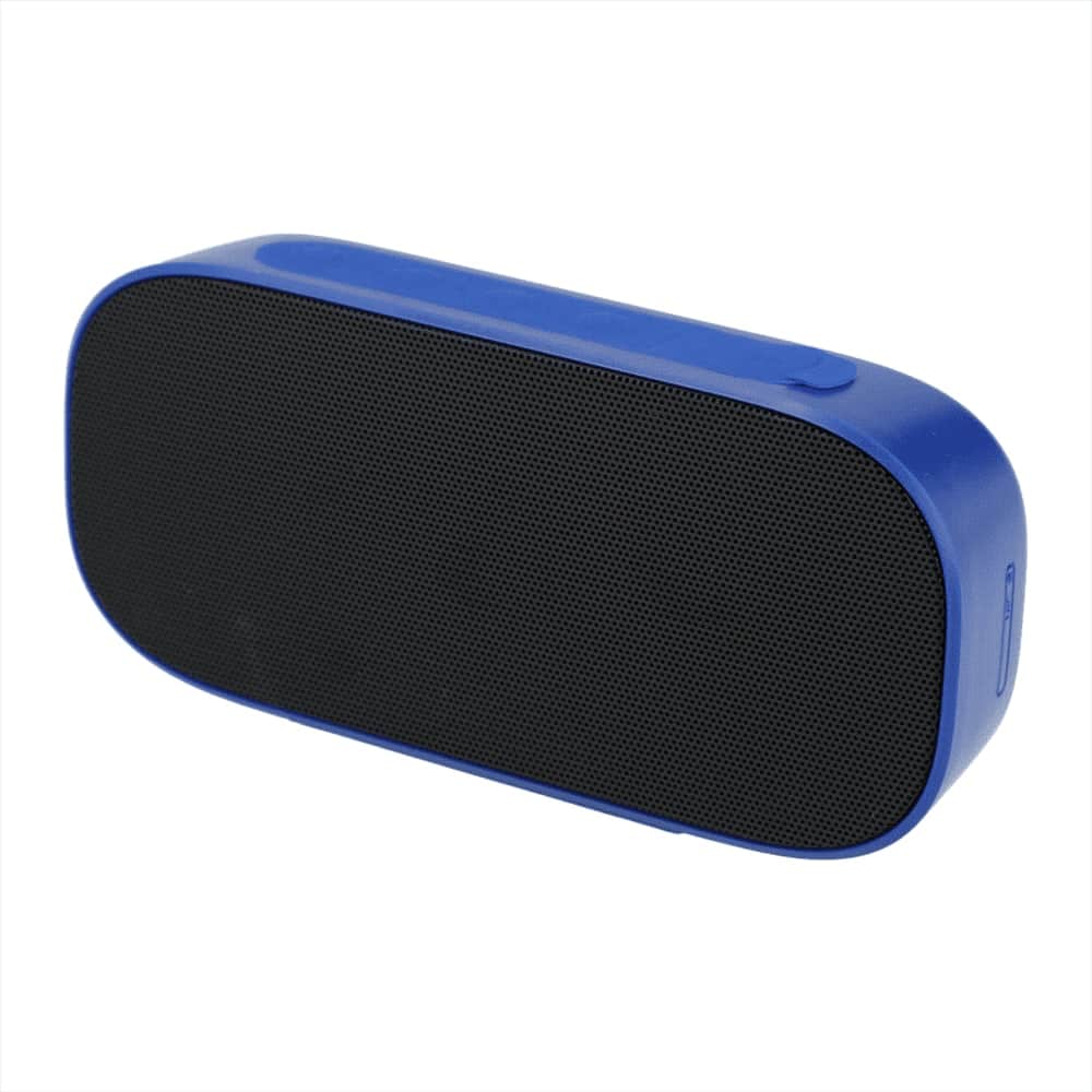 A blue Bluetooth speaker featuring a black mesh grille and a simple design. It includes a logo on the side.