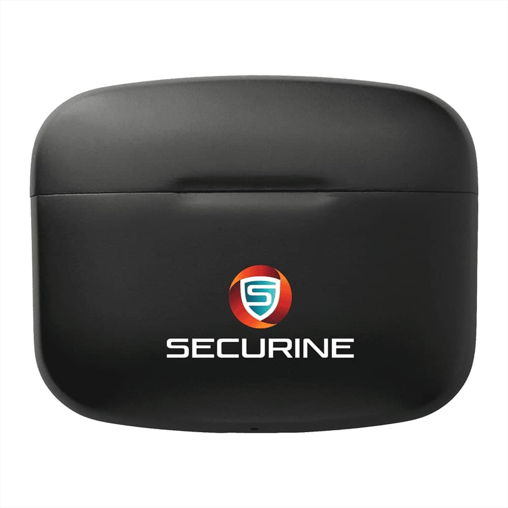 A black earbuds charging case with a logo on the front, designed for True Wireless Auto Pair Earbuds.