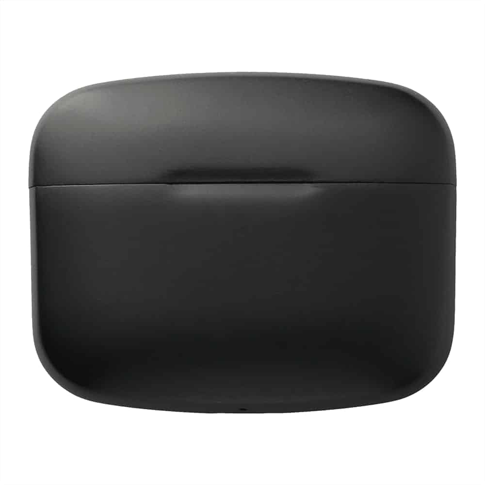 A black charging case for wireless earbuds featuring a sleek design and a logo on the front.