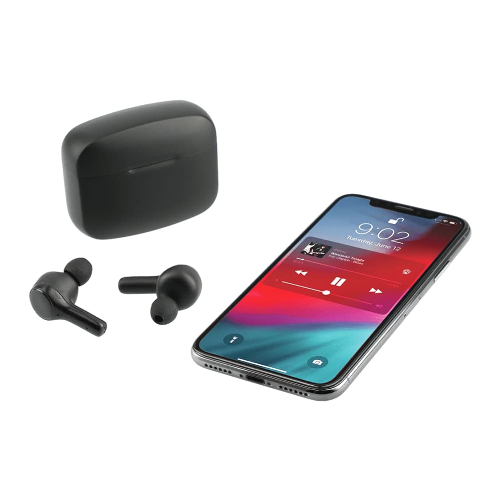A pair of black true wireless earbuds with a charging case and a smartphone displaying music playback.