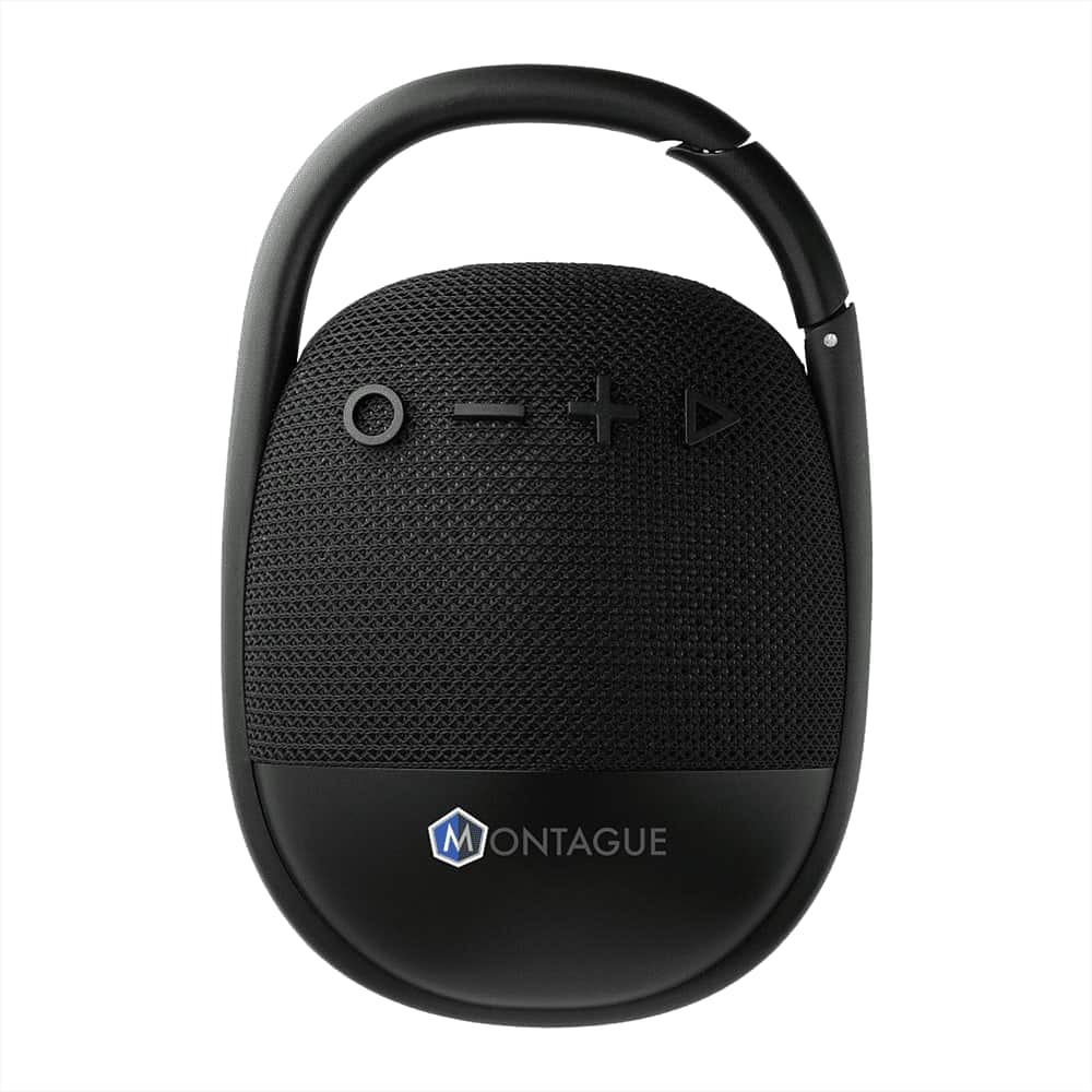 A black waterproof Bluetooth speaker features a round design, control buttons, and a clip for attachment.