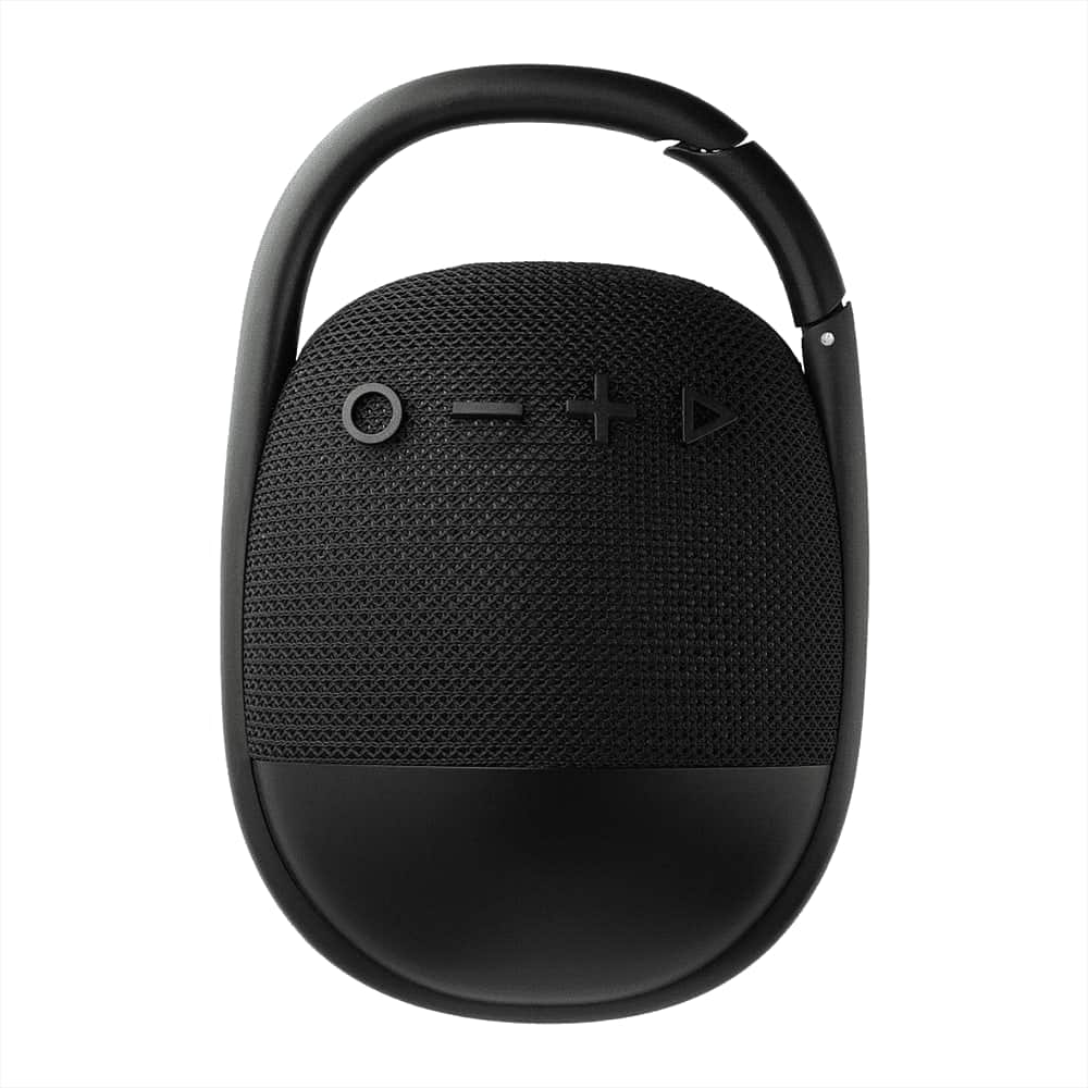 A black waterproof Bluetooth speaker with a handle, featuring control buttons for functionality and a textured surface.