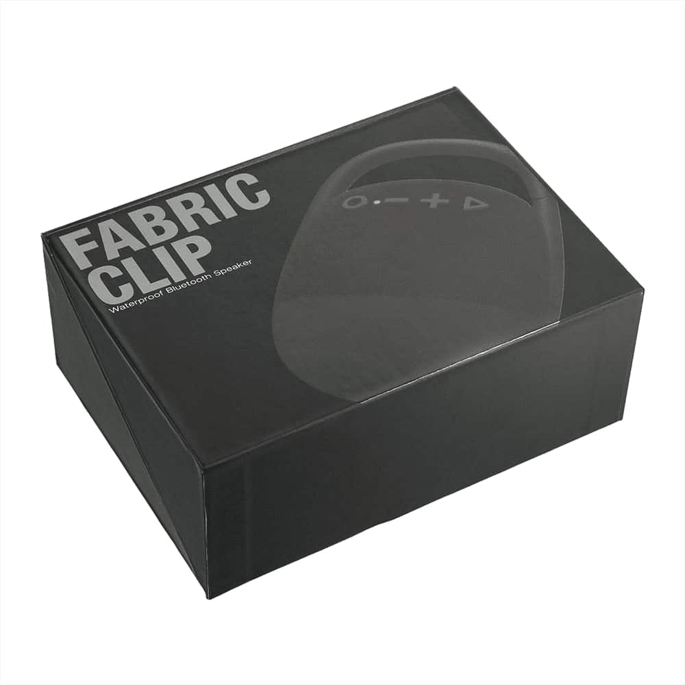 A black box featuring a waterproof Bluetooth speaker design, with a logo and control symbols on the front.