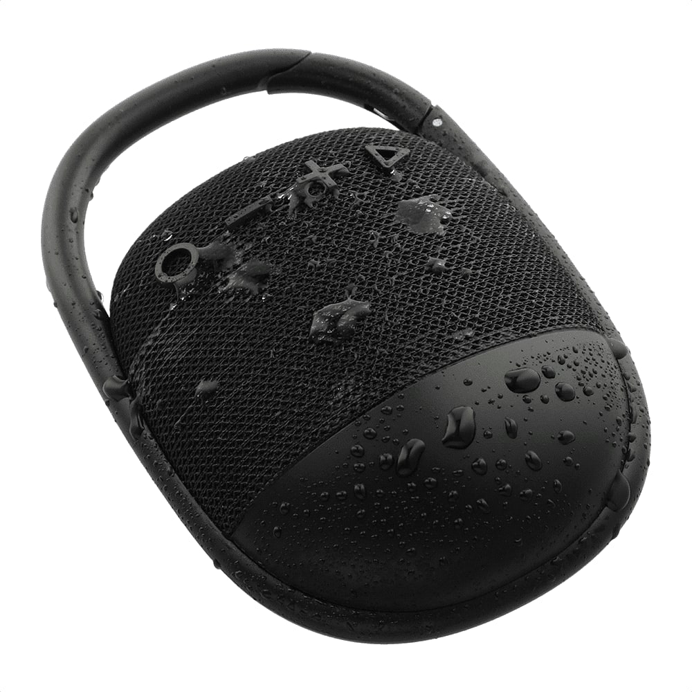 A waterproof black Bluetooth speaker with a textured surface, featuring a carrying handle and droplets of water.