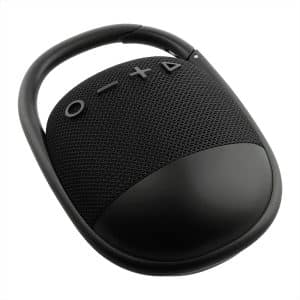 A black waterproof Bluetooth speaker with control buttons and a modern design, featuring a sleek, curved shape.
