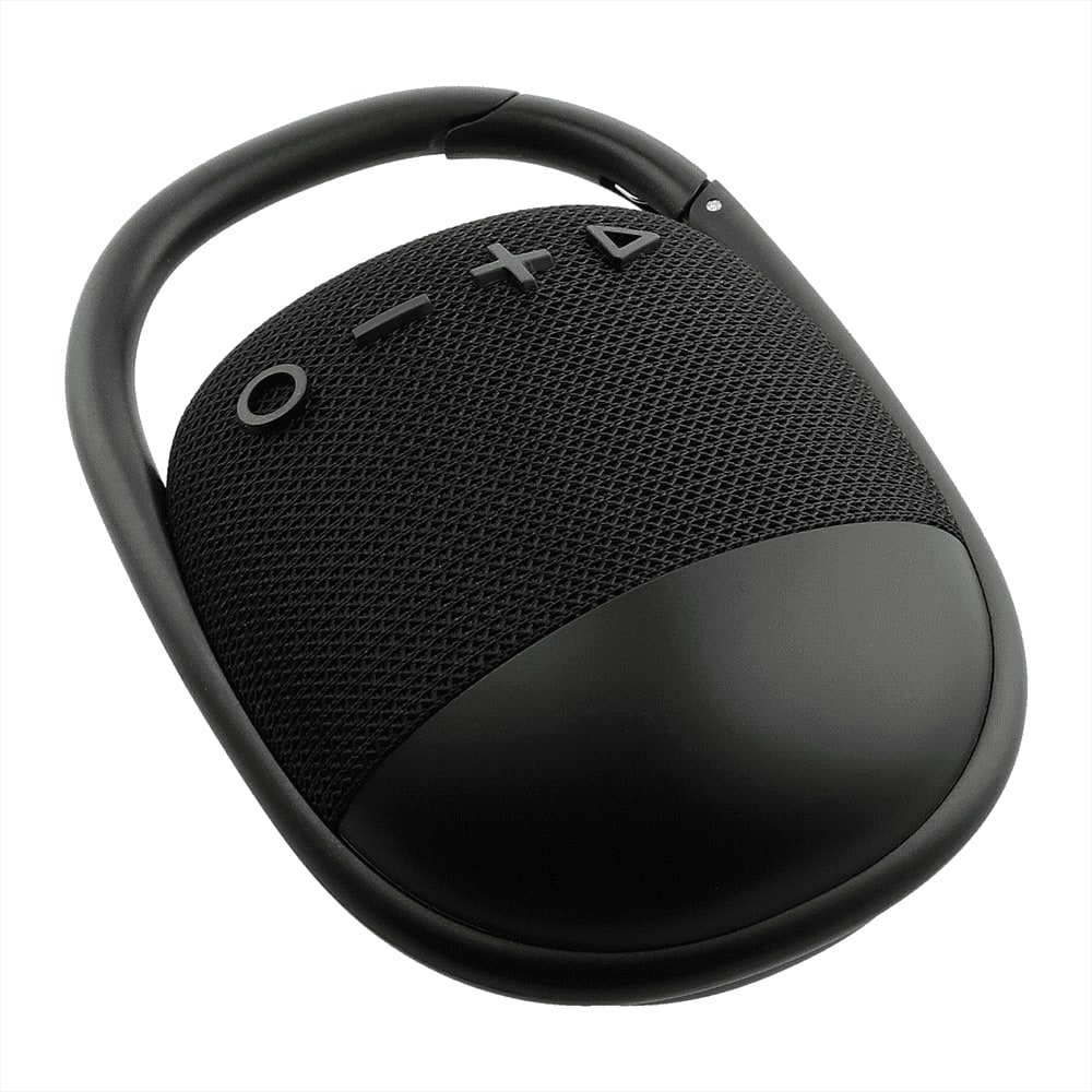 A black waterproof Bluetooth speaker with control buttons and a modern design, featuring a sleek, curved shape.