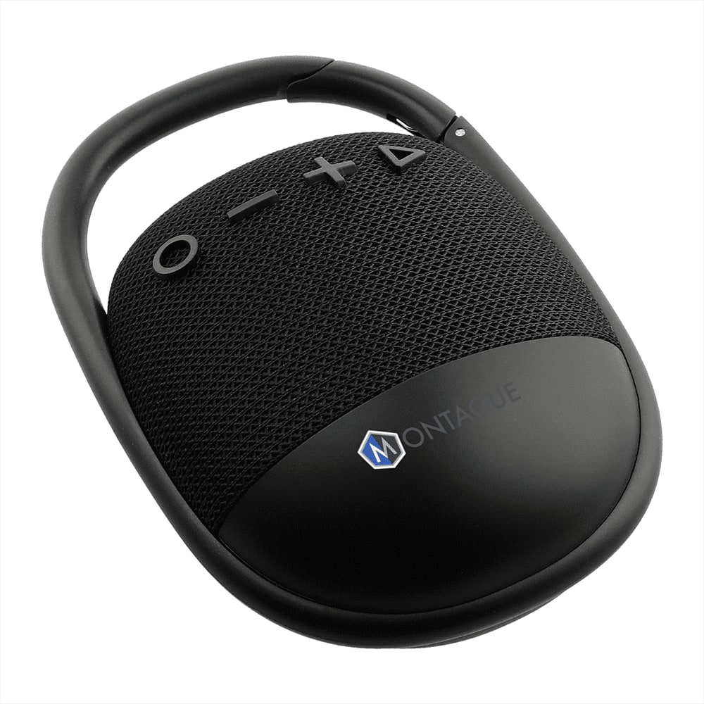 A black waterproof Bluetooth speaker with a fabric finish and a carrying clip, featuring control buttons on top.