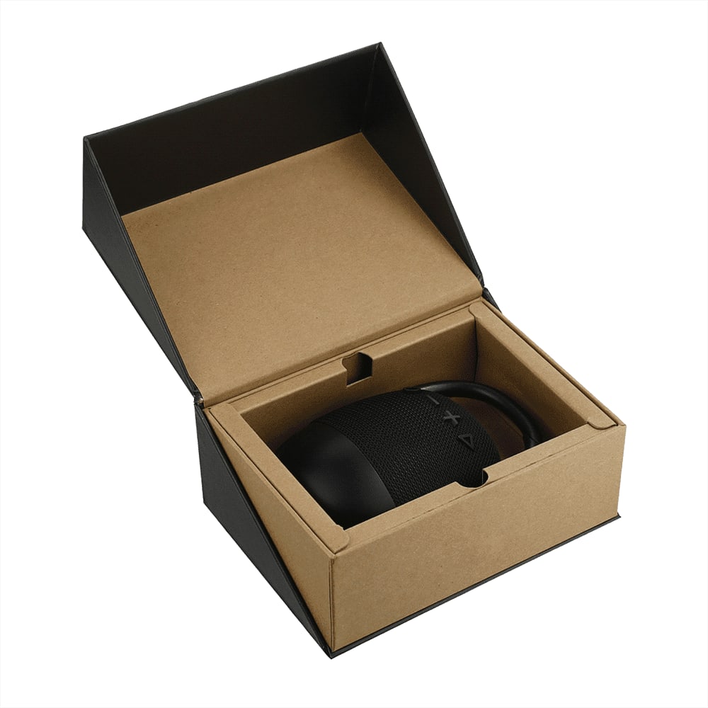 A black waterproof Bluetooth speaker is displayed in a brown packaging box. The box is open, revealing the speaker inside.