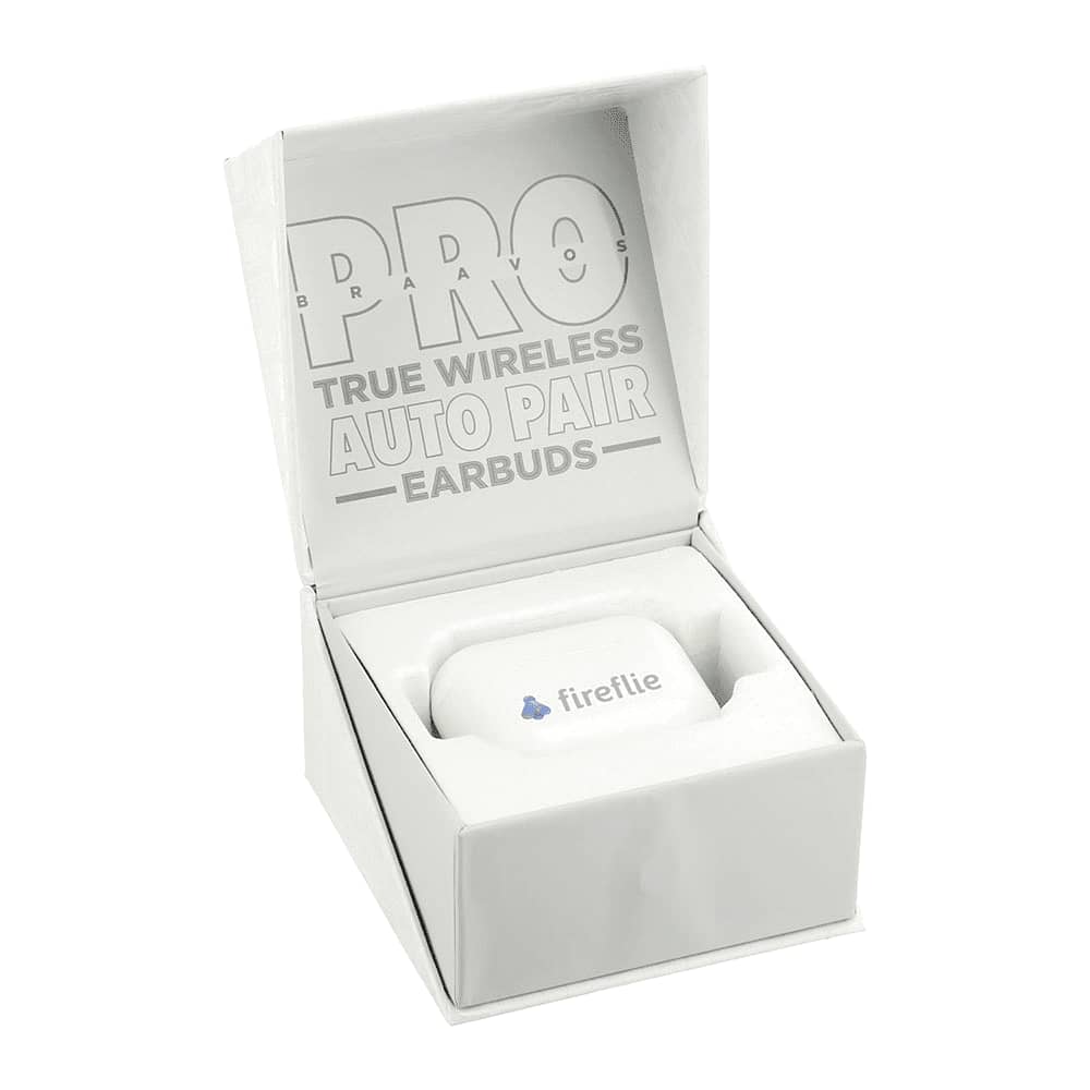 A white box containing Braavos Pro True Wireless Auto Pair Earbuds with a logo and an elegant design.