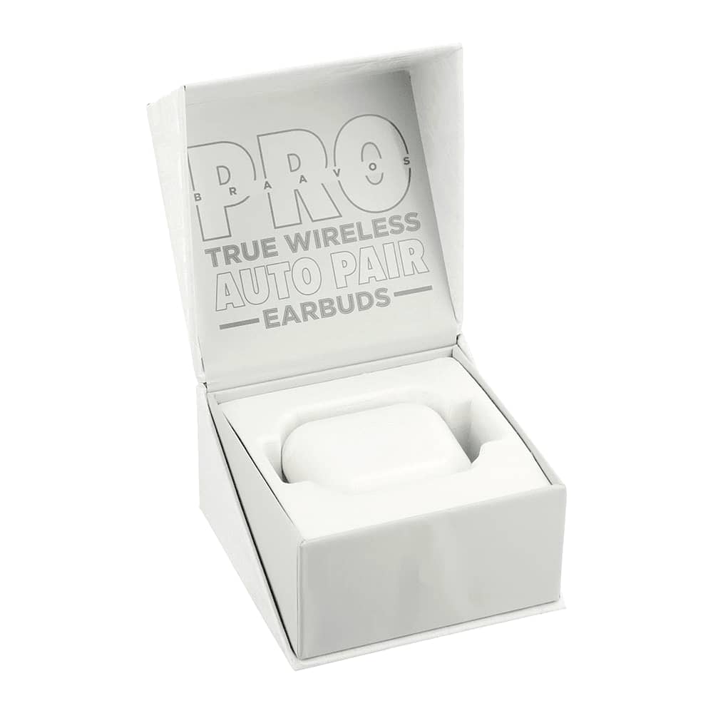 A white box containing Braavos Pro True Wireless Auto Pair Earbuds, with an interior holder for the earbuds.
