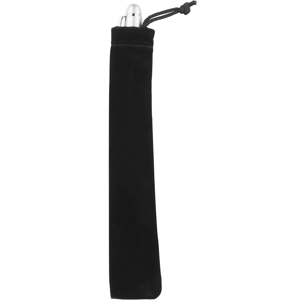 A black velvet drawstring pouch with a silver metal top and a cord closure. It features a logo.
