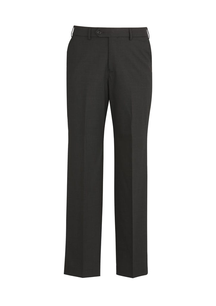 Mens comfort wool stretch flat front pants in dark grey with a classic fit and side pockets, featuring a discreet logo.