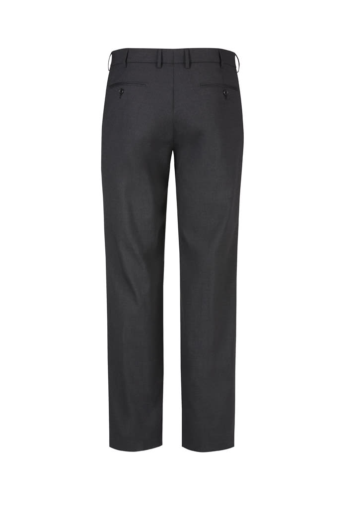 A pair of men's flat front slacks in dark grey, featuring a smooth finish and back pockets.