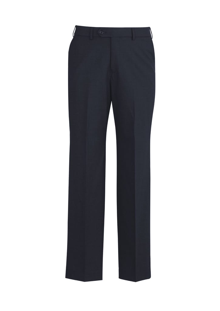 A pair of dark grey flat front pants with a straight leg design and a logo on the waistband.