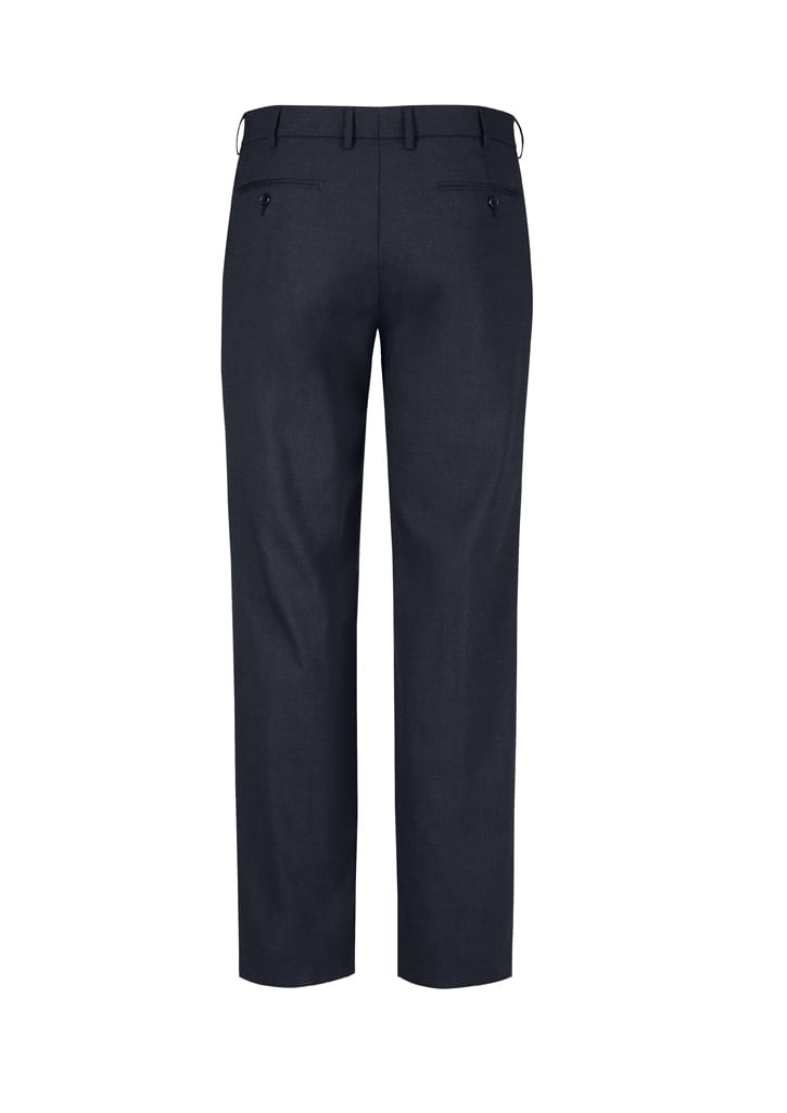 A pair of dark grey men's flat front slacks with a smooth finish and two rear pockets. Features a logo on the waistband.