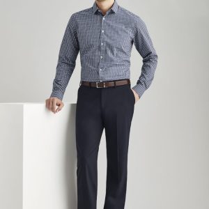 Men's comfortable wool stretch flat front pants in navy, paired with a checkered shirt and brown belt, featuring a logo.