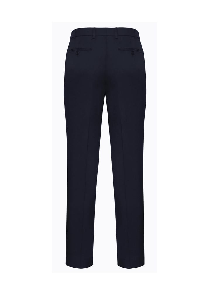 A pair of navy men's slacks with a slimline fit, featuring two back pockets. The design includes a logo.