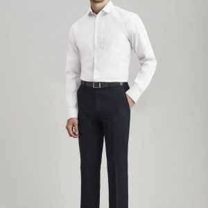 Men's slimline pants in navy blue, paired with a white shirt and brown shoes, featuring a logo on the waistband.