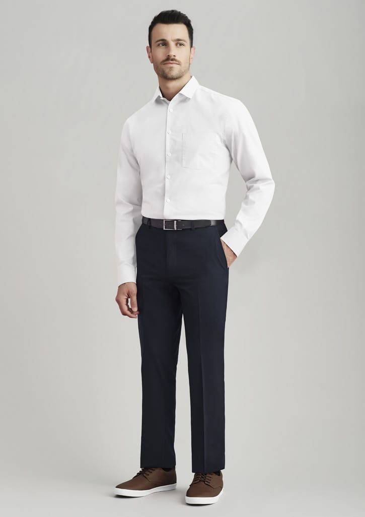 Men's slimline pants in navy blue, paired with a white shirt and brown shoes, featuring a logo on the waistband.