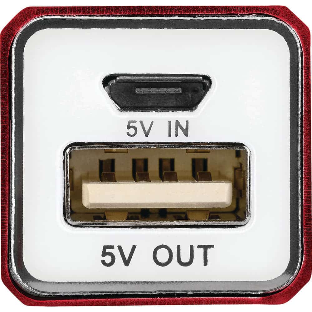 A red power bank with a USB input and output port, featuring a small logo.