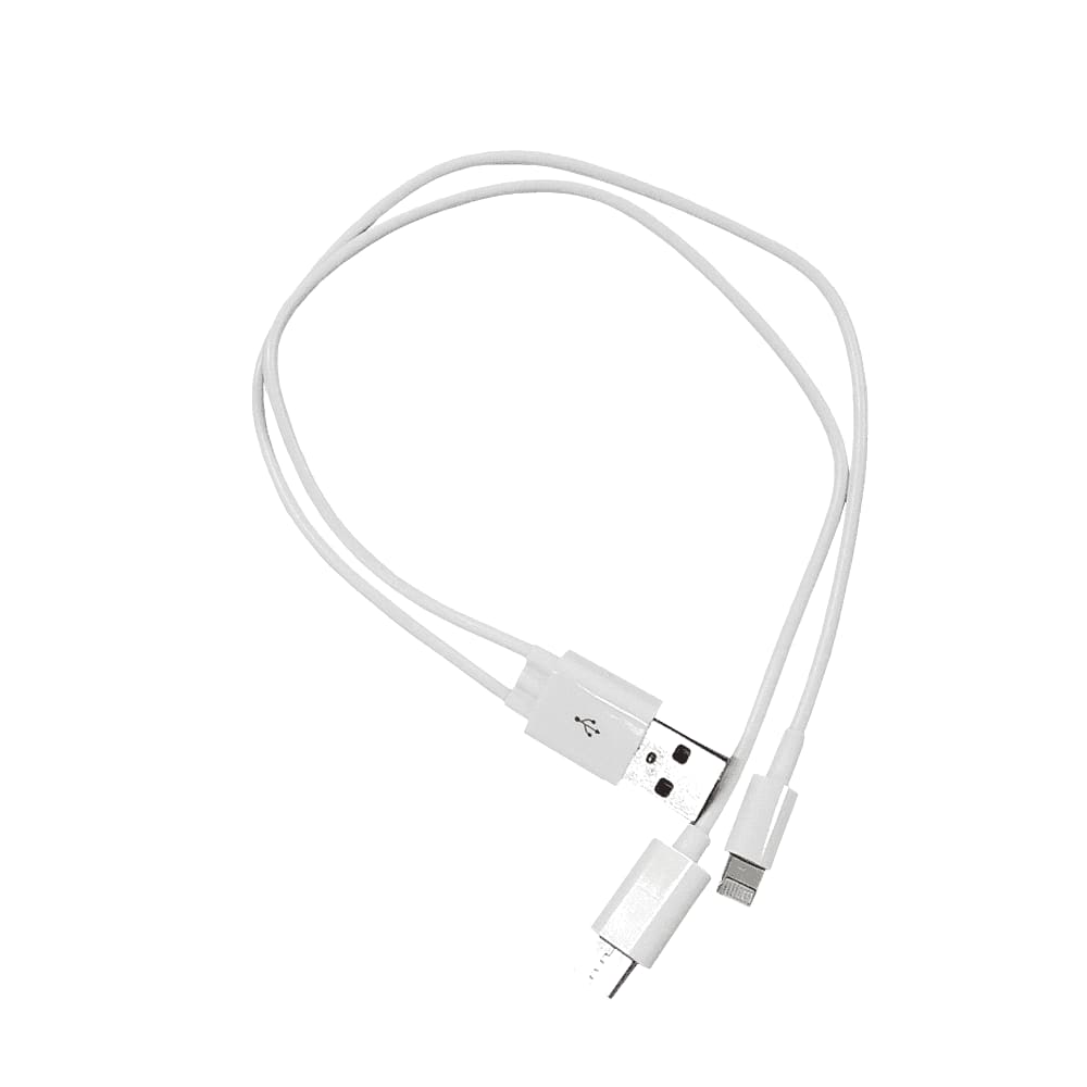 A white charging cable with a USB connector and two different plug types for versatile device compatibility.
