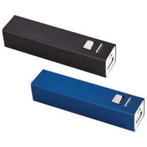 A blue and a black power bank featuring USB ports and a button, with a logo on one side.