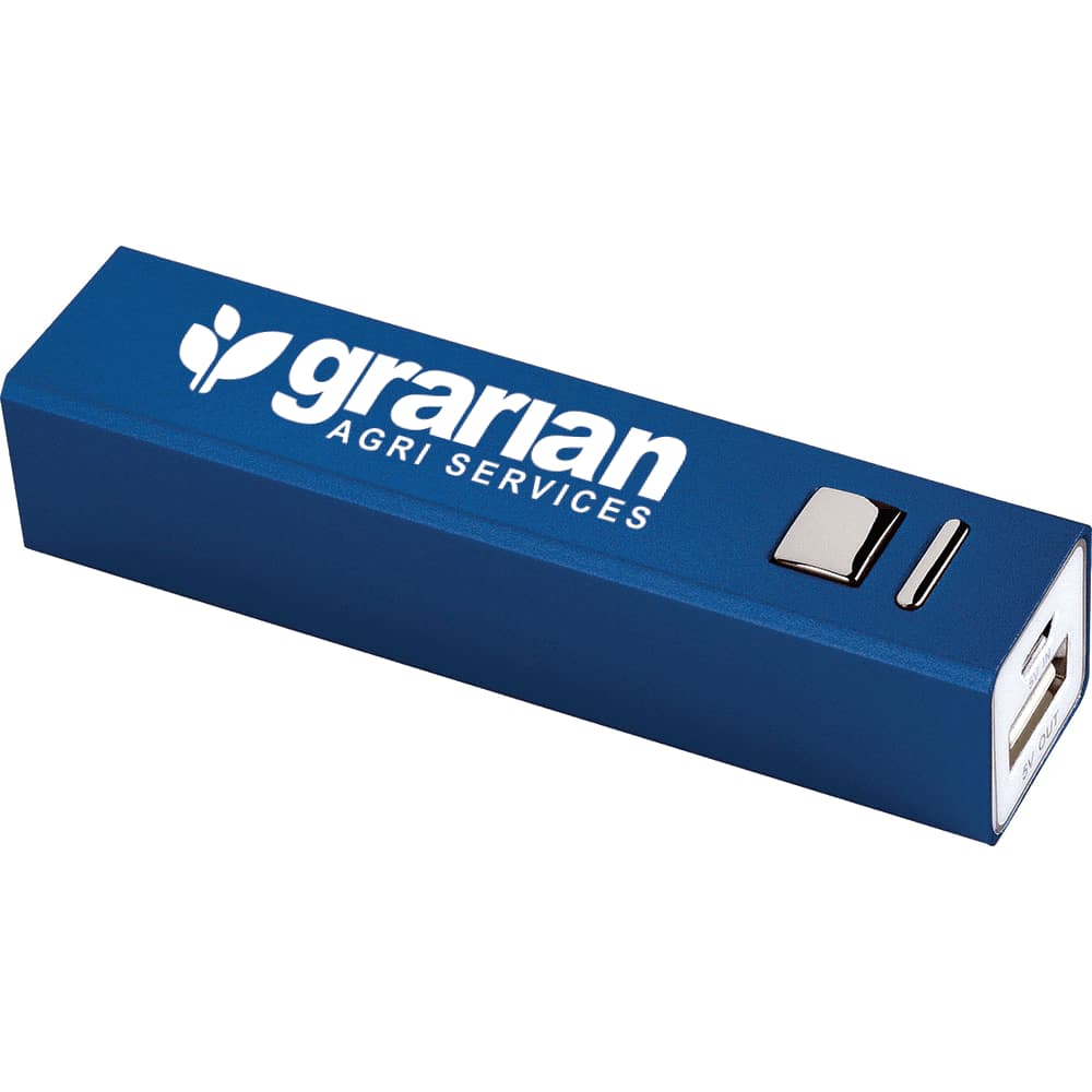 A blue power bank with a logo, featuring a USB output and a sleek, rectangular design.