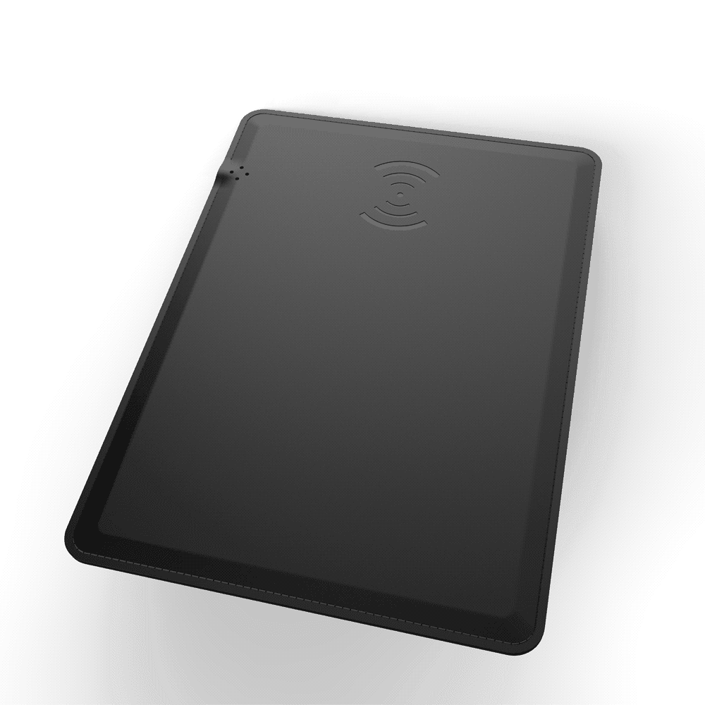 A black wireless charging mouse pad featuring an embedded charging symbol. It has a sleek, rectangular design.