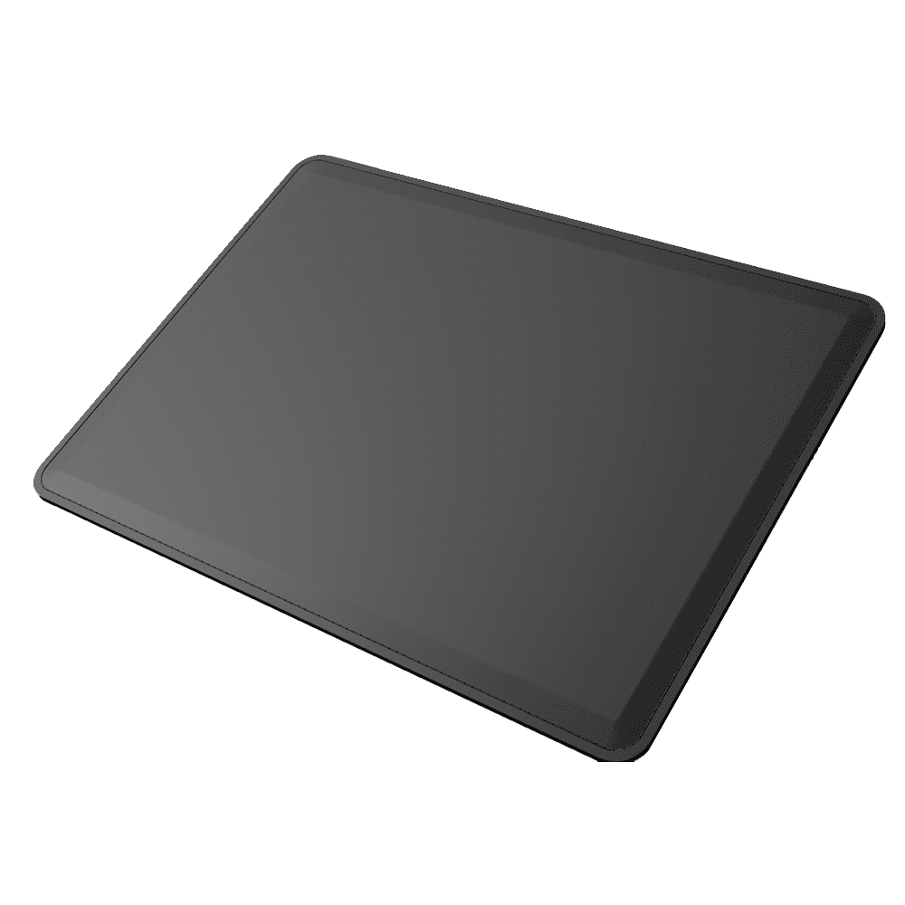 A black wireless charging mouse pad with a logo, designed for charging compatible devices.