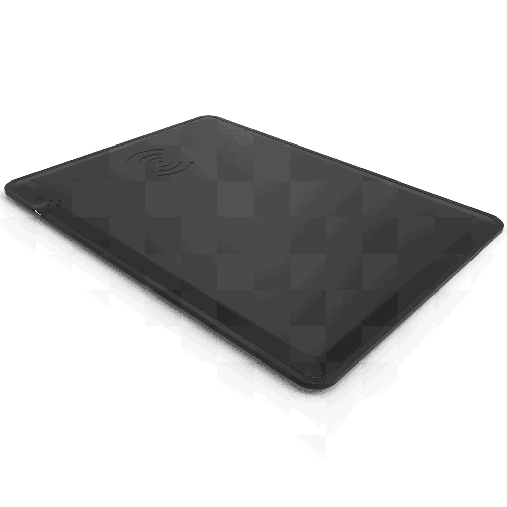 A black wireless charging mouse pad with a white mouse and a smartphone connected via a cable.