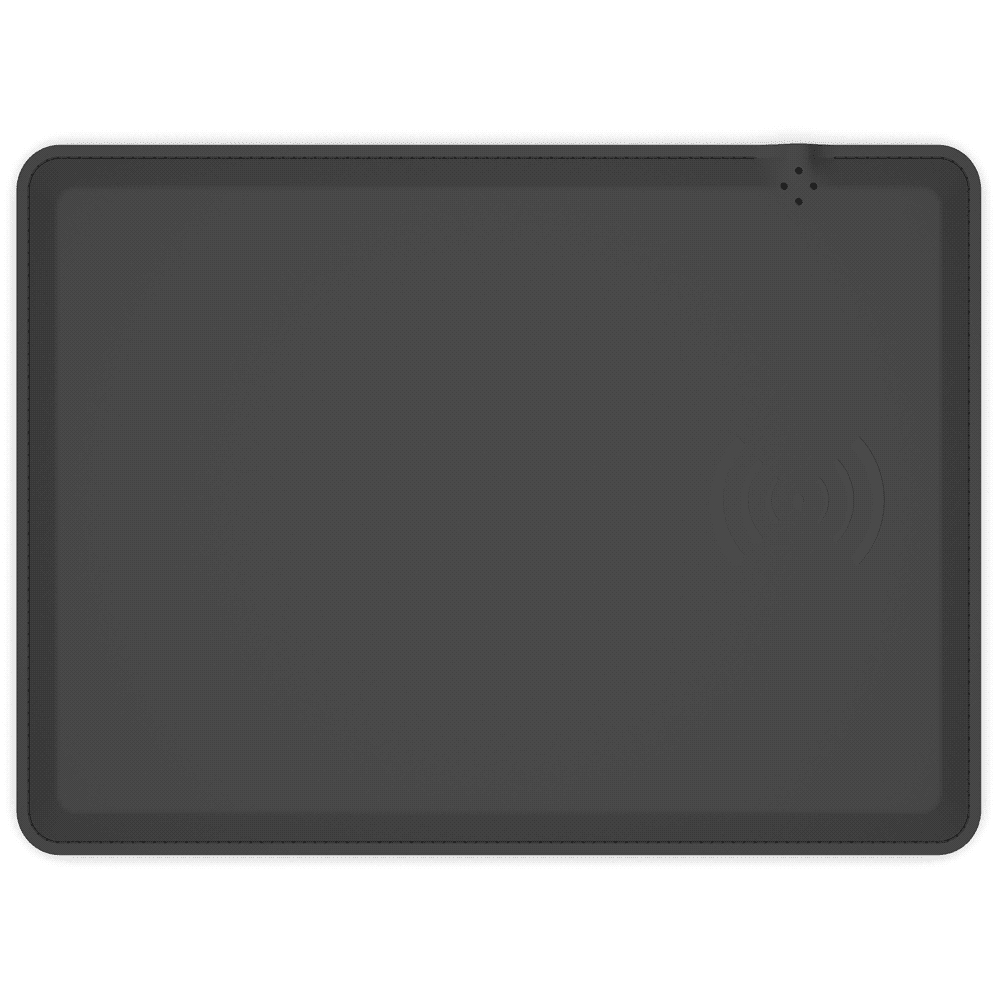 A wireless charging mouse pad in a sleek black design, featuring an integrated wireless charging symbol.
