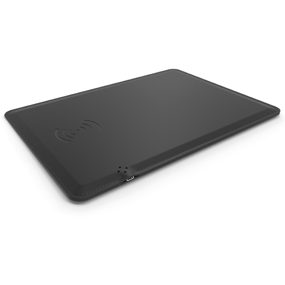 A black wireless charging mouse pad with a logo and a sleek, slim design.