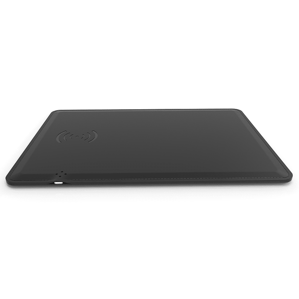 A wireless charging mouse pad in sleek black, featuring a subtle logo and a smooth surface for easy use.