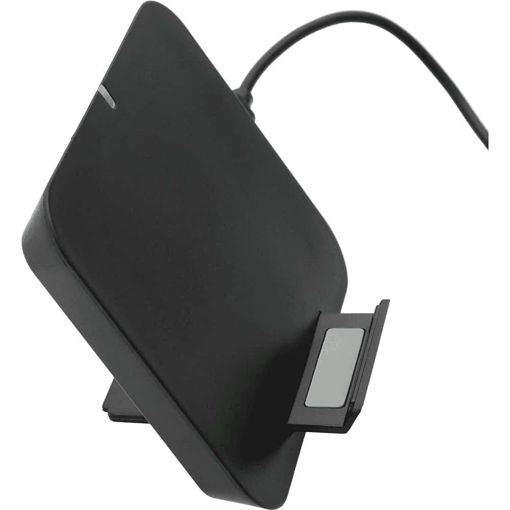 A sleek black wireless charging phone stand with an attached cable, designed for convenient charging.