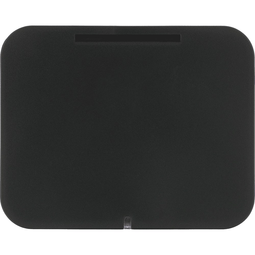 A black wireless charging phone stand with a sleek, minimalist design and a transparent base.