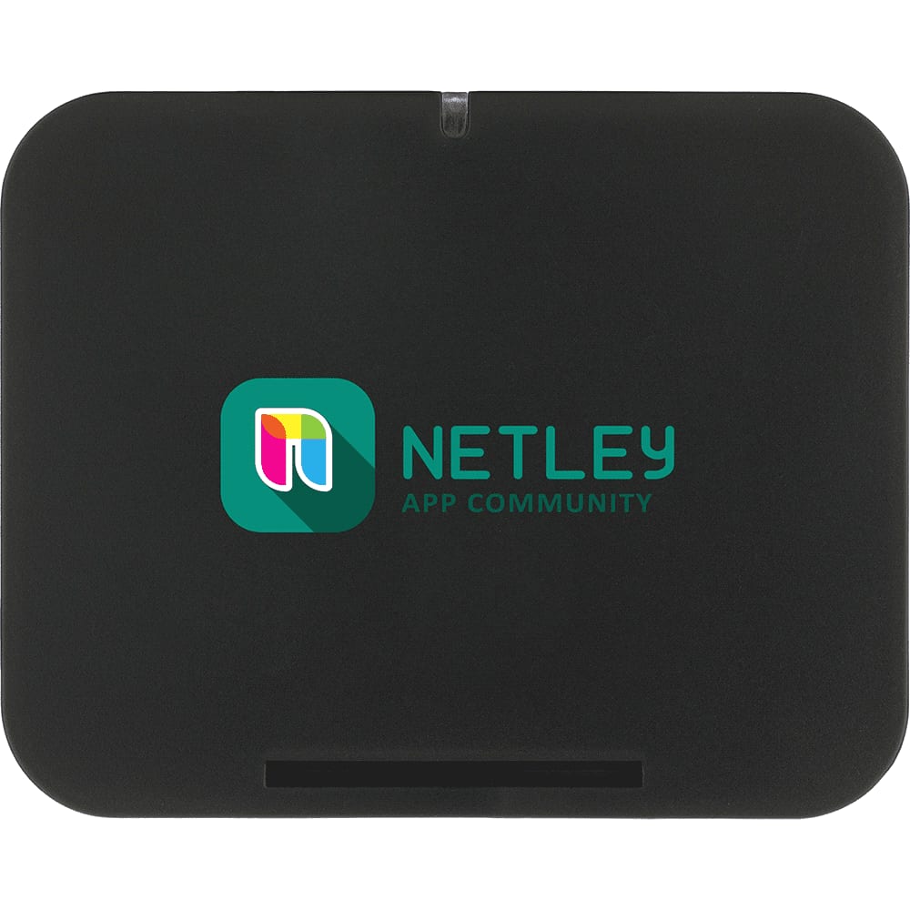 A black wireless charging phone stand with a logo on the front. It features a sleek, compact design.