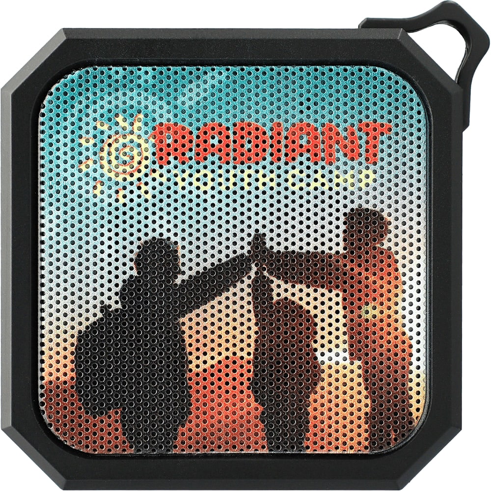 A compact black outdoor waterproof Bluetooth speaker with a colourful design and a carabiner for easy attachment.