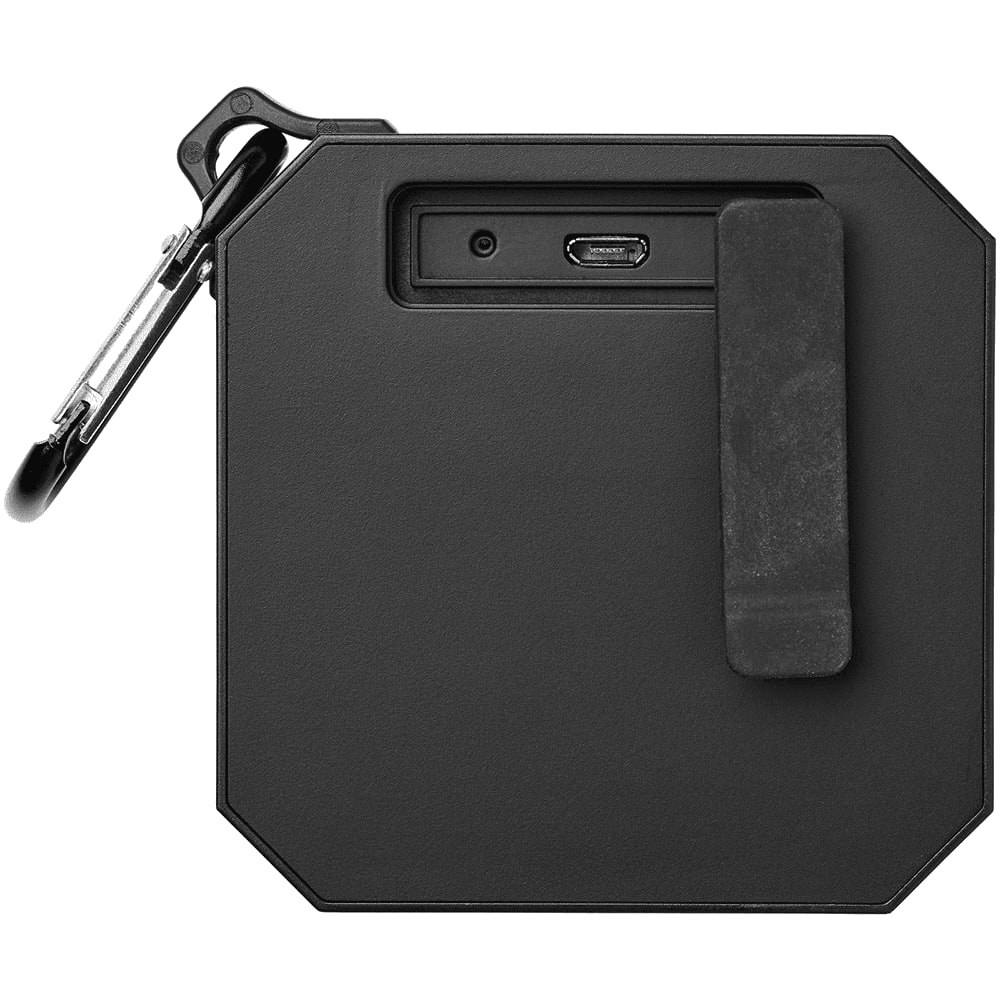 A black waterproof Bluetooth speaker with a sleek rectangular design and a metal clip attached.