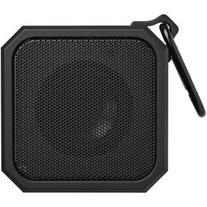 A black, square waterproof Bluetooth speaker with a perforated mesh design and a coloured image featuring silhouettes of people.