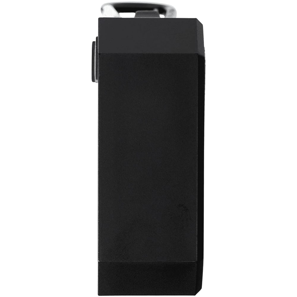 A black outdoor waterproof Bluetooth speaker featuring a carabiner for easy attachment and a sleek, compact design.