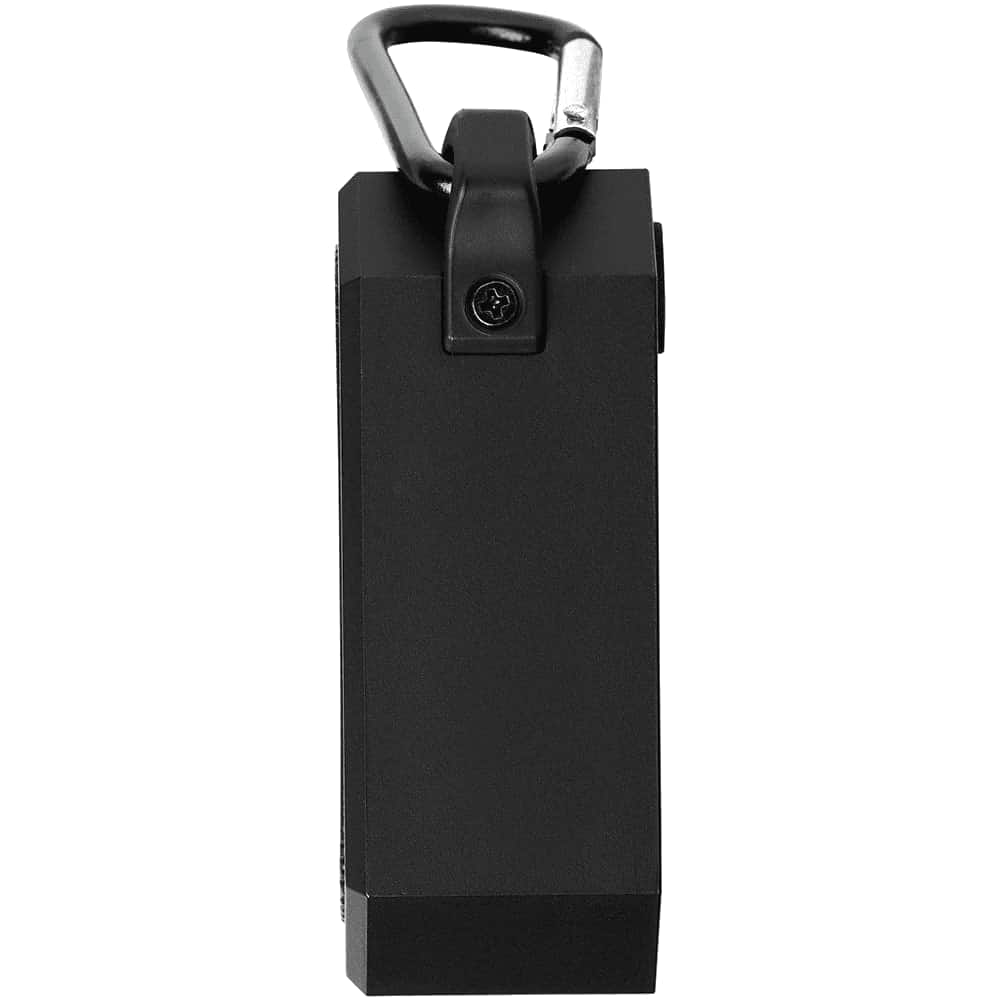 A black outdoor waterproof Bluetooth speaker with a textured grill and a metal carabiner attached.