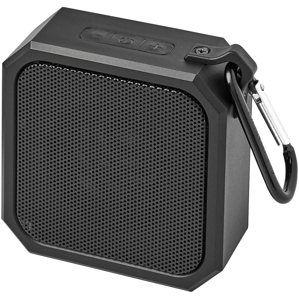 A compact black outdoor waterproof Bluetooth speaker with a mesh grille and a carabiner clip.