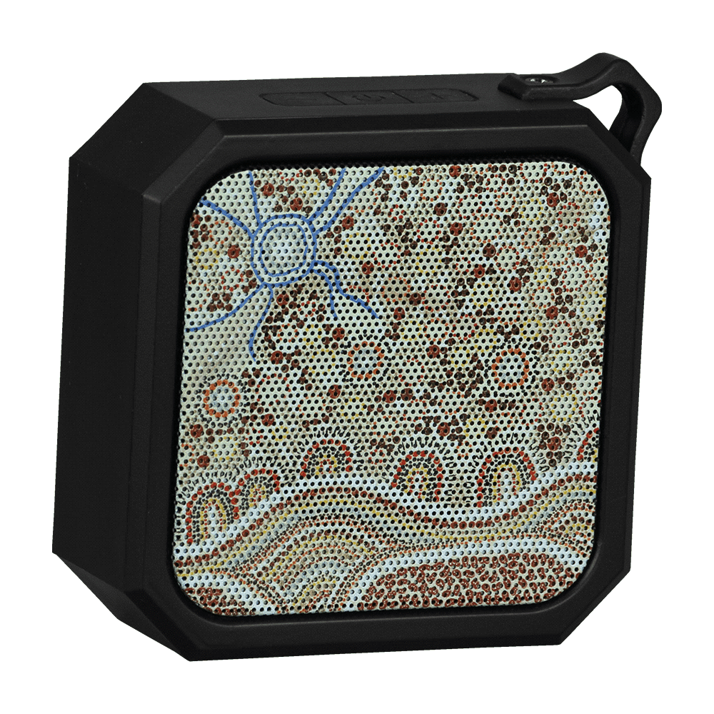 A black waterproof Bluetooth speaker with a textured mesh front and a carabiner, next to a smartphone displaying music.