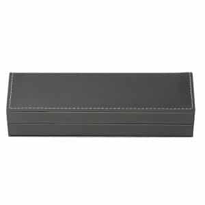 A single pen box in grey with white stitching, featuring a sleek, rectangular design and a subtle logo.